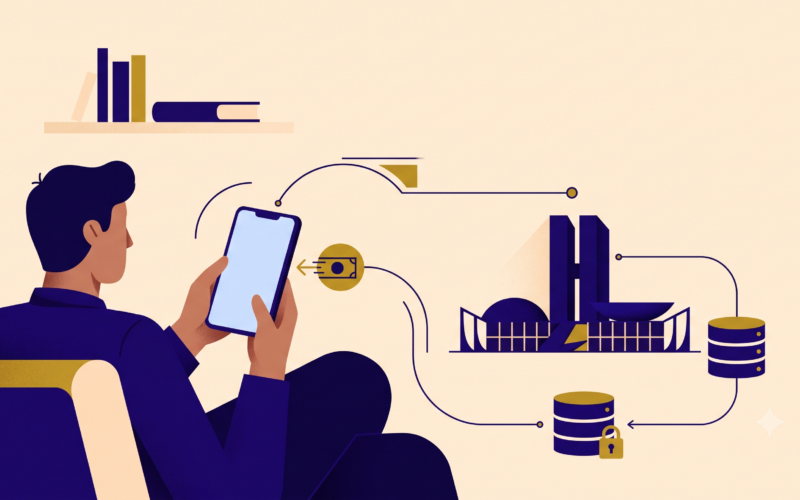 Pessoa consulta no celular a restituição automática do IRPF enquanto o valor é depositado automaticamente pela Receita Federal.