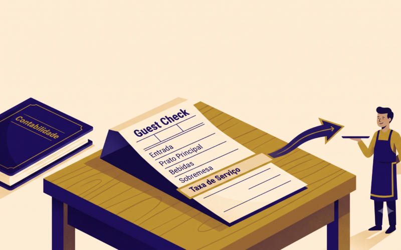 Conta de restaurante com a taxa de serviço destacada e sendo direcionada ao empregado, ilustrando a gorjeta no Simples Nacional